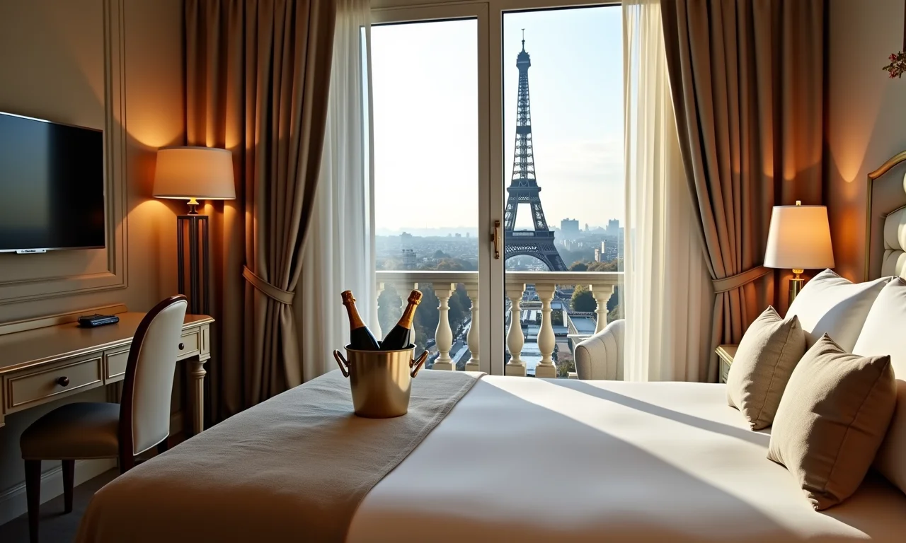 Suíte de hotel luxuosa em Paris com vista para a Torre Eiffel, ideal para lua de mel.