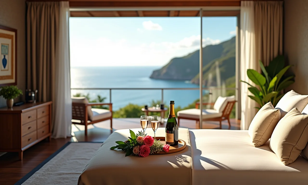 Suíte de luxo com vista para o mar decorada para lua de mel em Angra dos Reis.