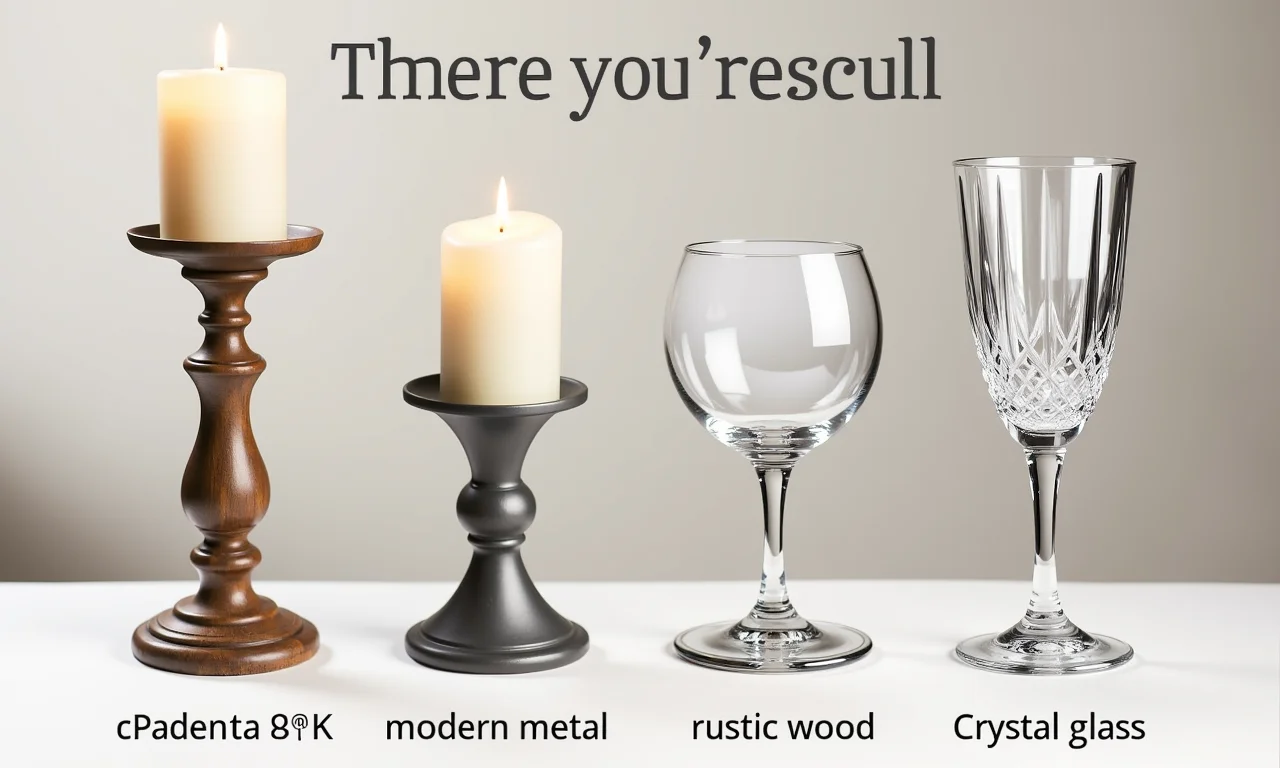 Tabela com materiais e estilos de castiçais: metal moderno, madeira rústica, vidro cristal.