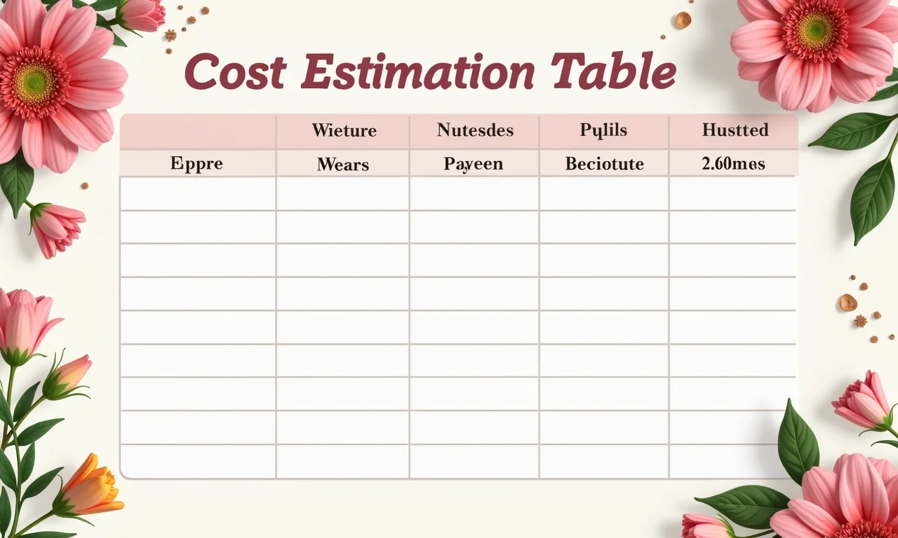 Tabela de custos estimados para porta-guardanapos de flores.