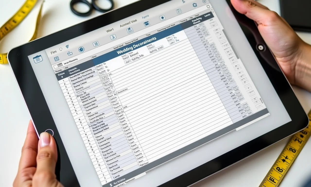 Tablet mostrando planilha com ideias de upcycling para decoração de casamento, com régua e tesoura ao lado.