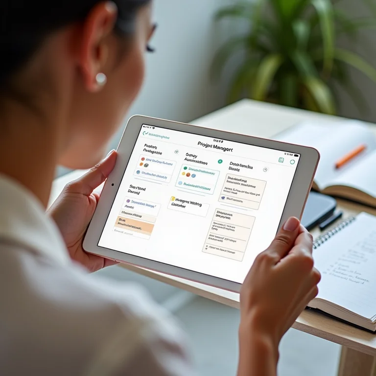 Tablet mostrando um aplicativo de gestão de projetos de casamento.