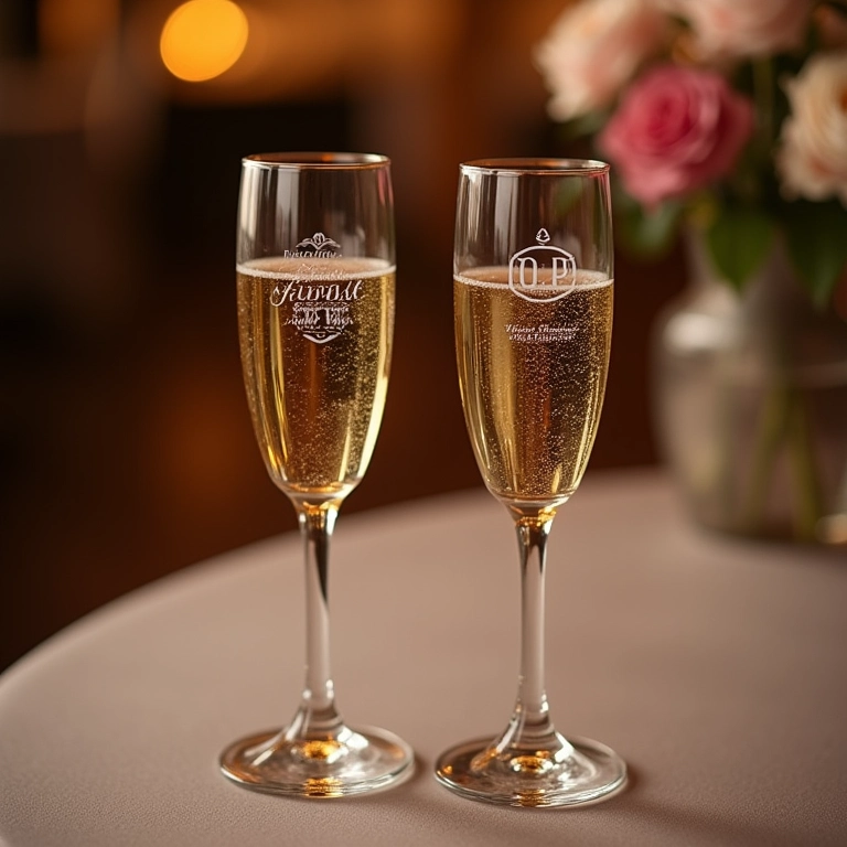 Taças de champanhe personalizadas para um brinde de casamento criativo.