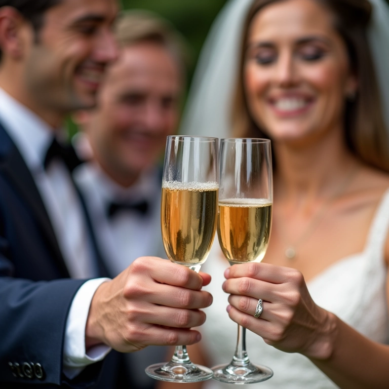 Taças de champanhe tilintando no brinde dos noivos com os pais.