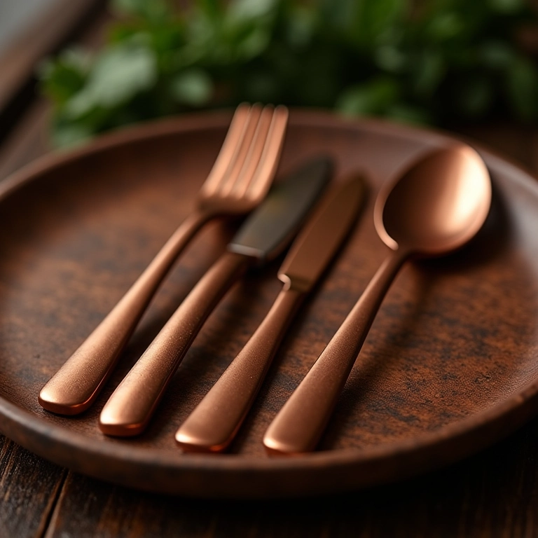 Talheres de Cobre: O Charme do Tom Metálico Talheres de cobre dispostos elegantemente em mesa de madeira rústica.