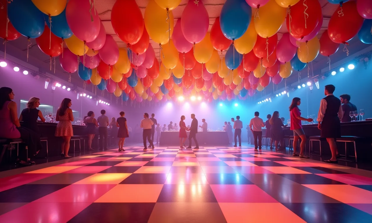 Teto de balões coloridos sobre a pista de dança.