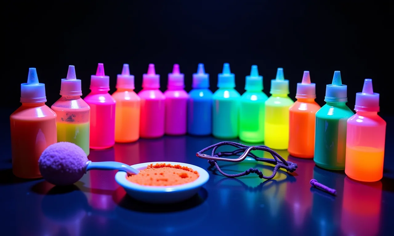 Tintas e acessórios fluorescentes brilhando sob luz negra.