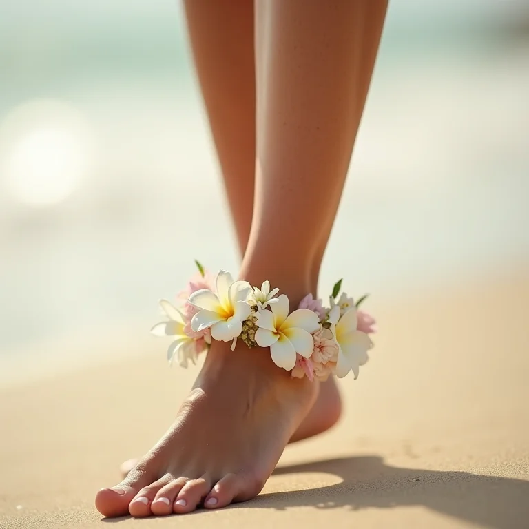 Tornozeleira de flores naturais em noiva na praia