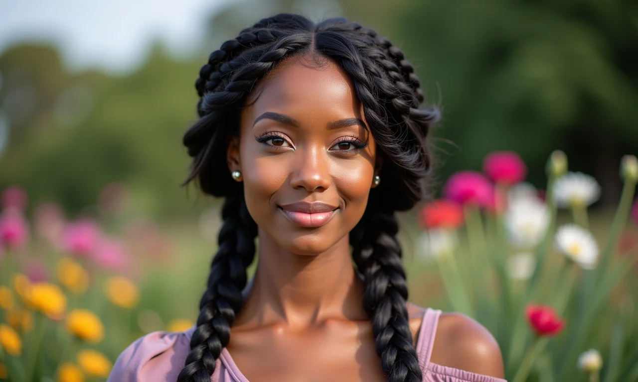Tranças românticas e modernas em um jardim florido.