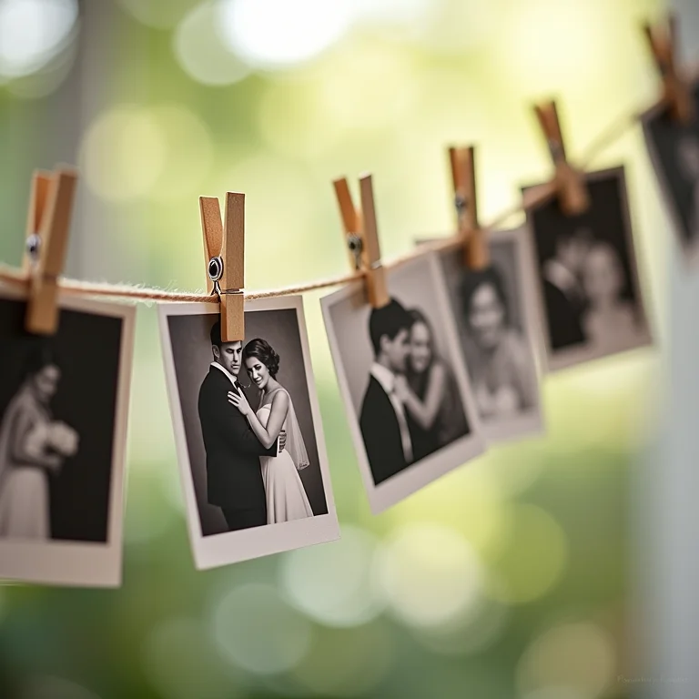 Varal de fotos vintage com memórias do casal