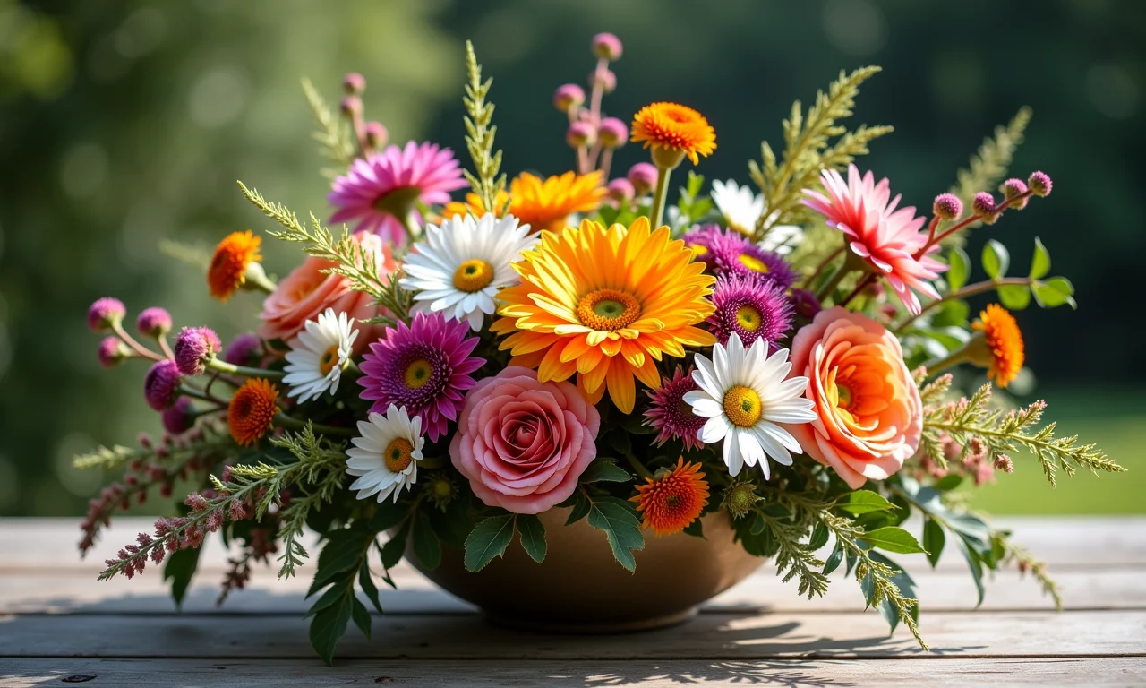 Variedade colorida de flores silvestres e elementos boêmios para casamento.