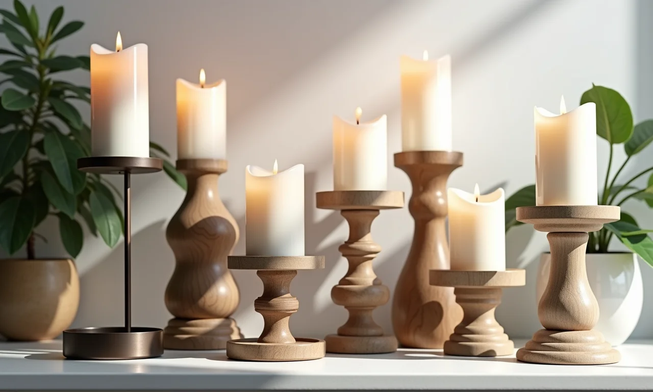 Variedade de castiçais: metal moderno, madeira rústica e cerâmica clássica.