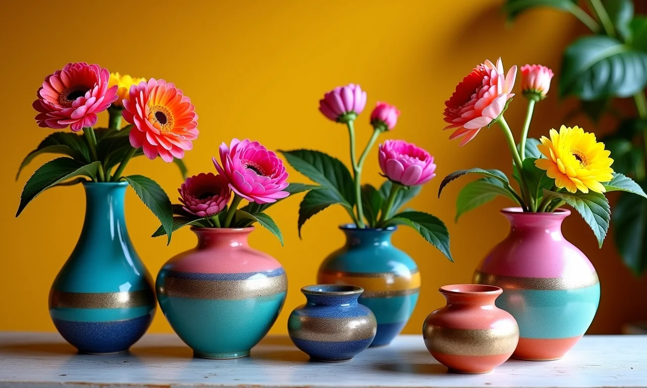 Vasos e cachepots personalizados com flores vibrantes.