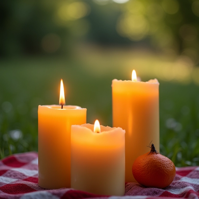 Velas de citronela e repelentes em piquenique contra mosquitos.