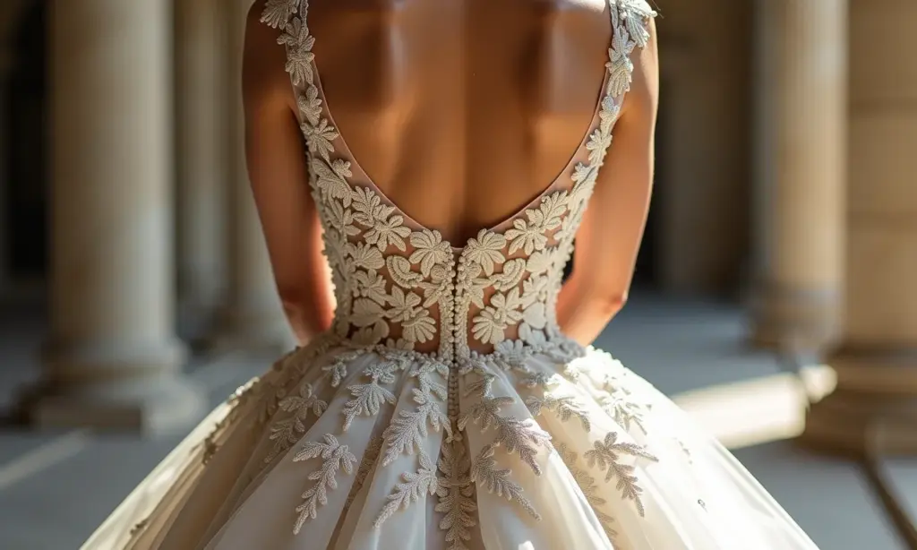 Vestido Elie Saab: Luxo e Bordados Deslumbrantes Vestido de noiva Elie Saab com bordados luxuosos.