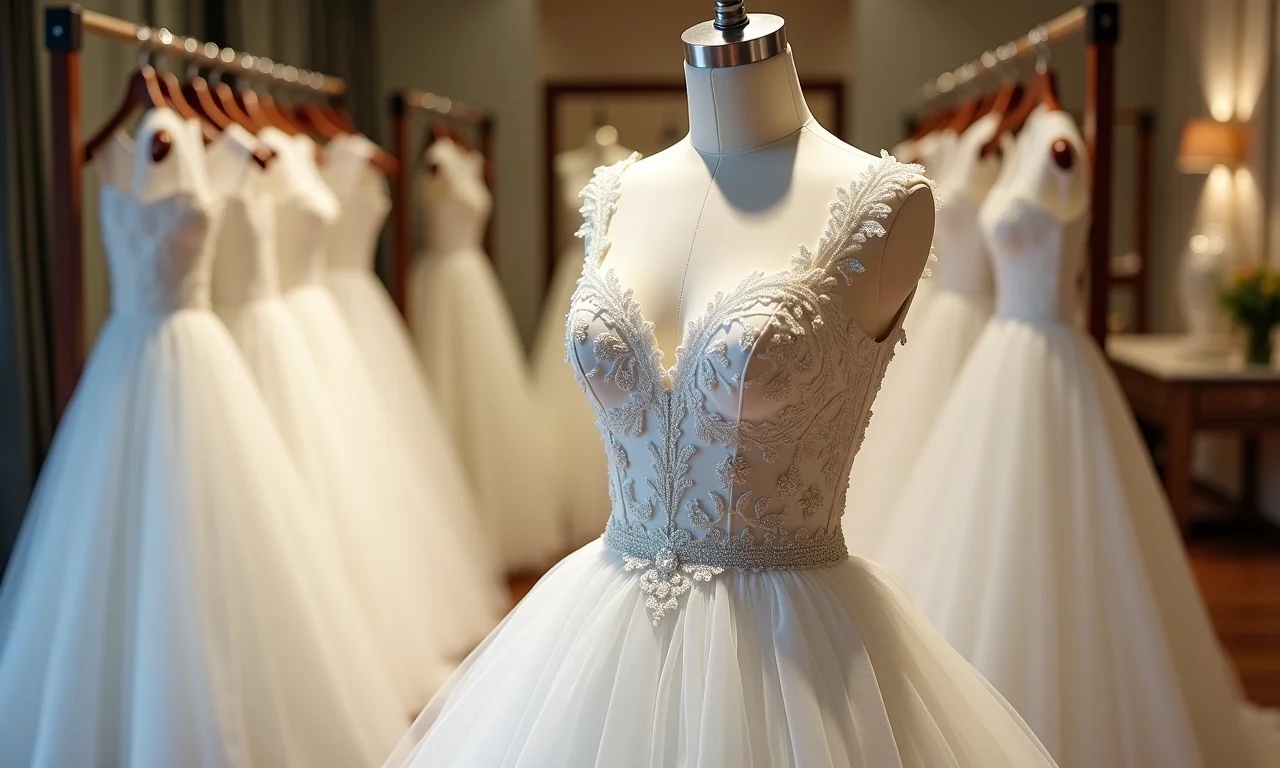 Vestido de noiva princesa com corpete bordado e saia de tule.