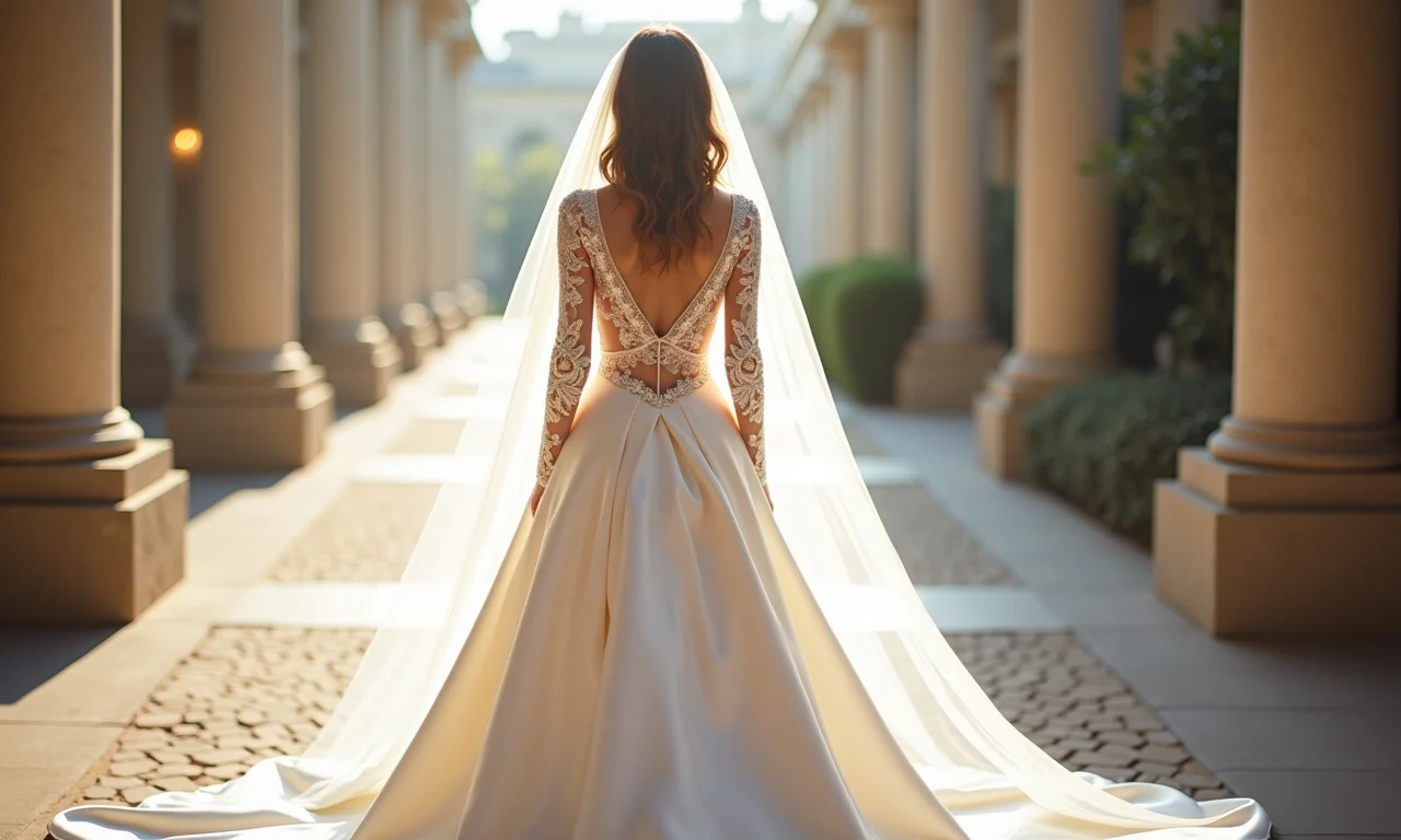 Vestido de noiva princesa com mangas longas e saia de cetim.