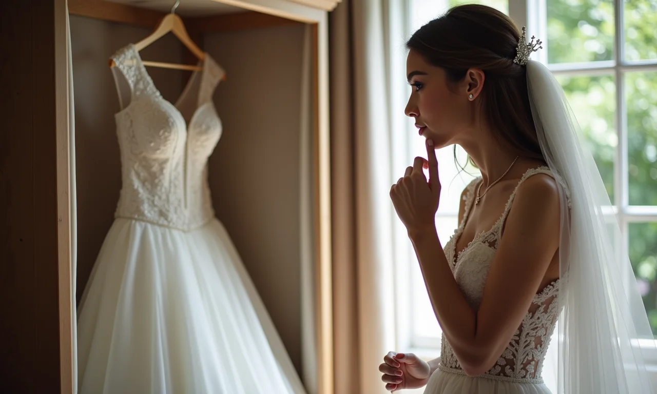 Vestido de noiva princesa guardado após o casamento, preservado em caixa.