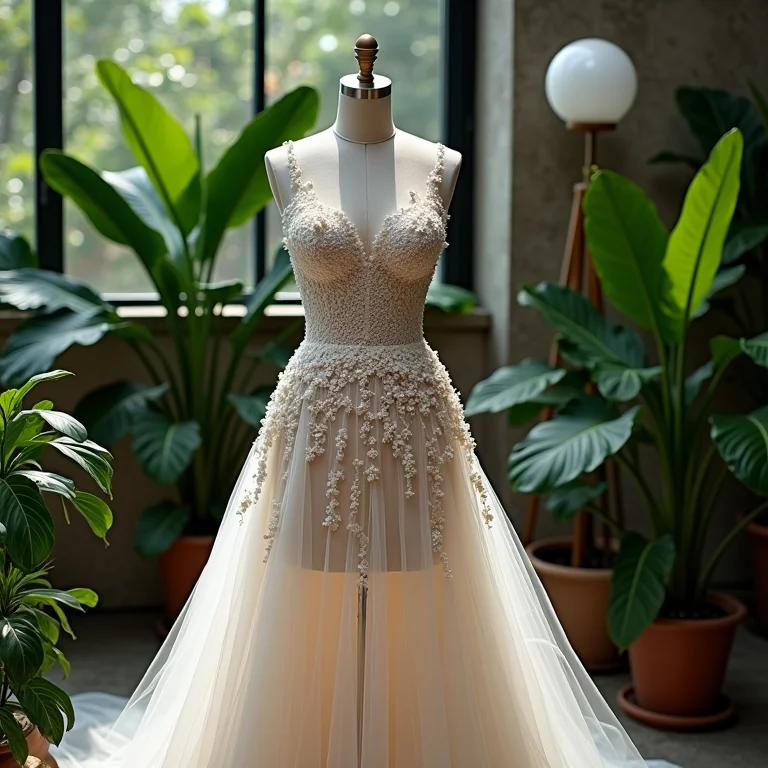 Vestido de noiva vanguardista Andreas Kronthaler for Vivienne Westwood exposto em um ateliê.