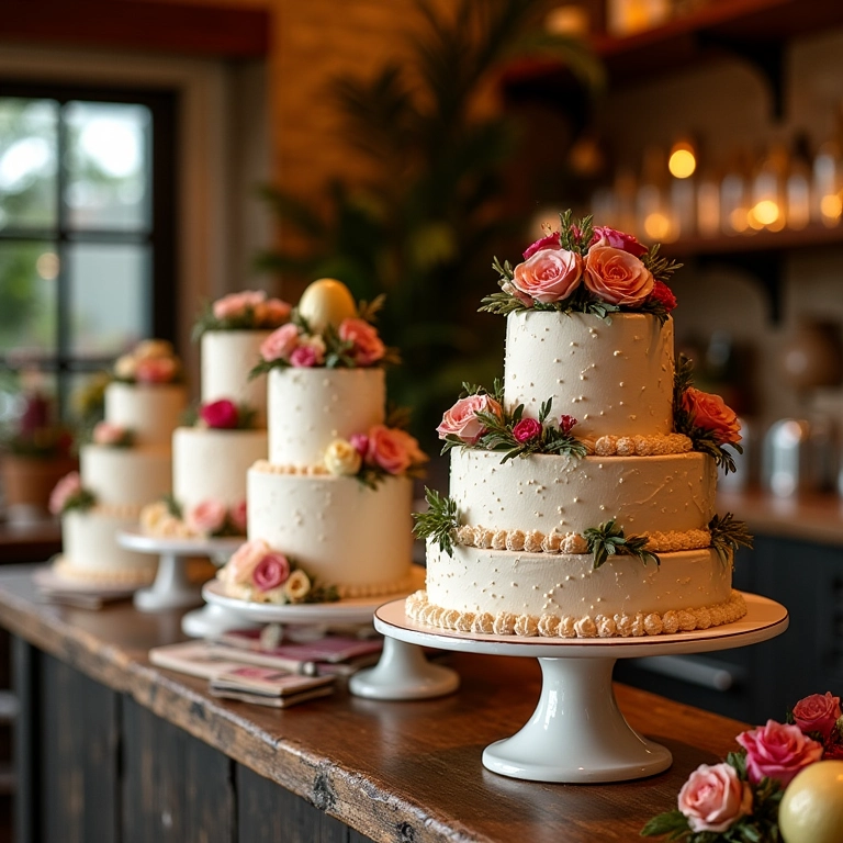 Vitrine de bolos de casamento em confeitaria brasileira.