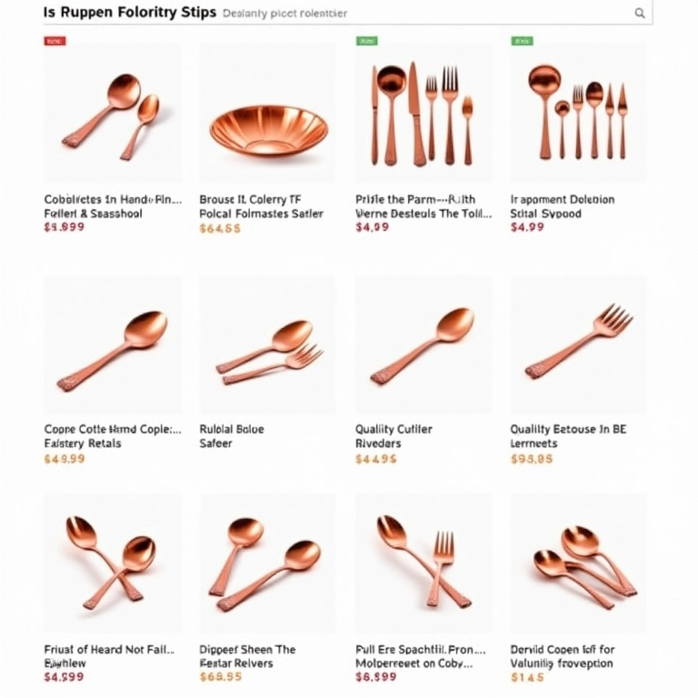 Vitrine de loja online com diversos modelos de talheres de cobre de diferentes marcas e preços.