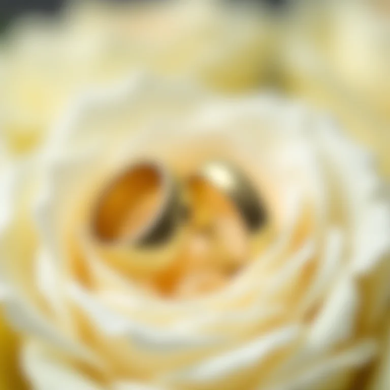 Alianças de casamento douradas sobre rosas brancas.
