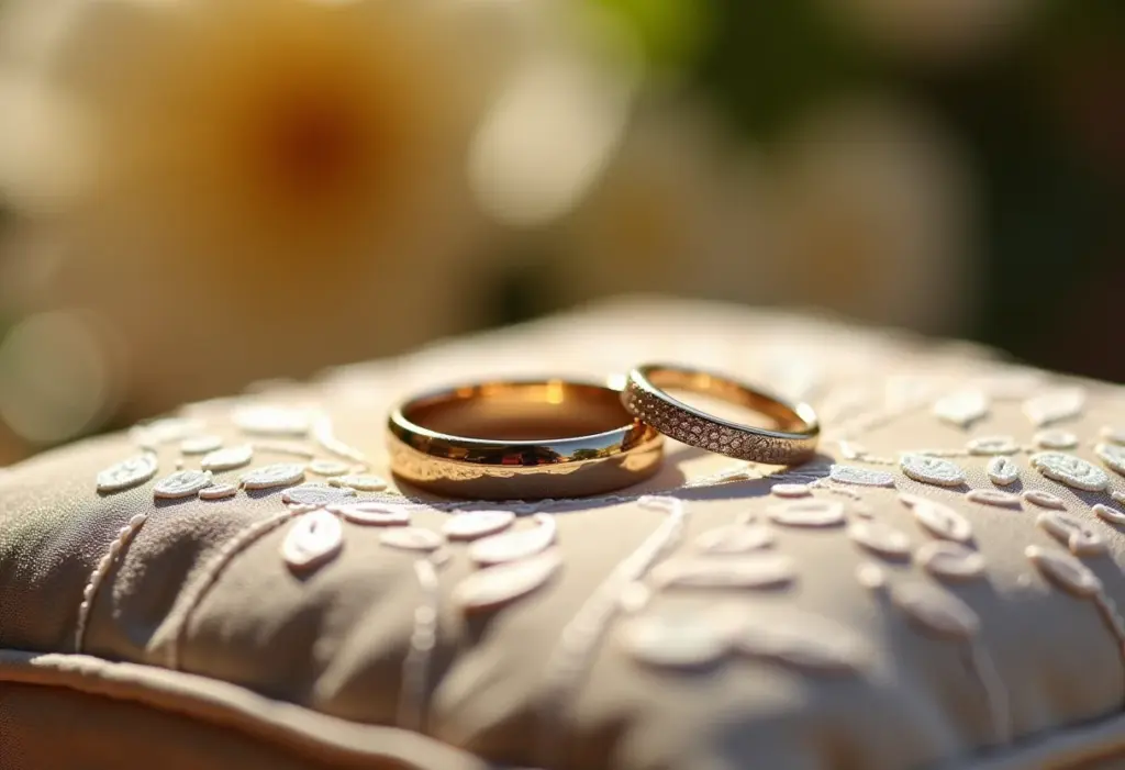 Quem leva as alianças? Guia fofo e emocionante para noivas! Alianças de casamento em um porta alianças bordado