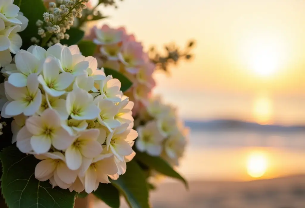 Altar de casamento decorado com hortênsias brancas e blush em praia brasileira ao pôr do sol.