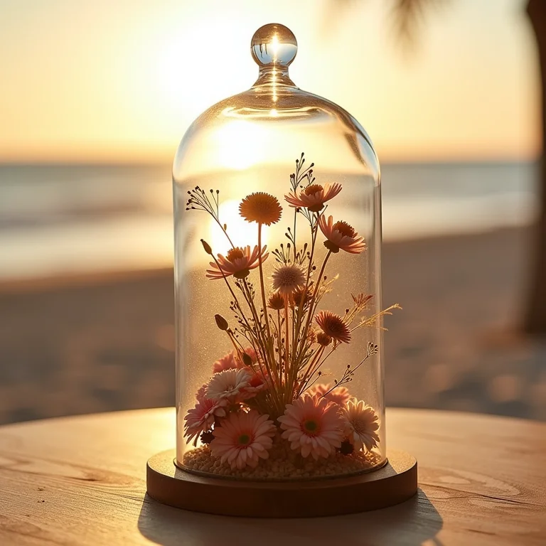 Arranjo de flores secas em cúpula de vidro em casamento na praia.