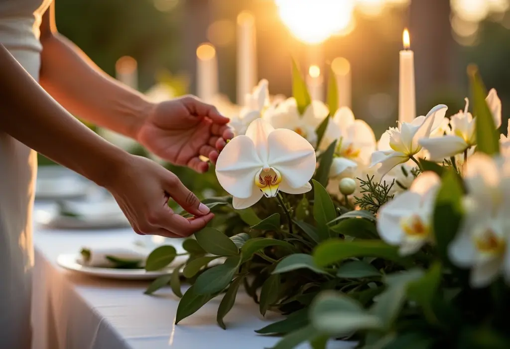 Arranjo de mesa luxuoso com orquídeas brancas em Raposos