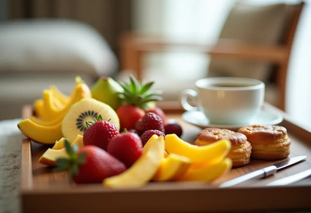 Bandeja de café da manhã luxuosa em hotel para noivos.