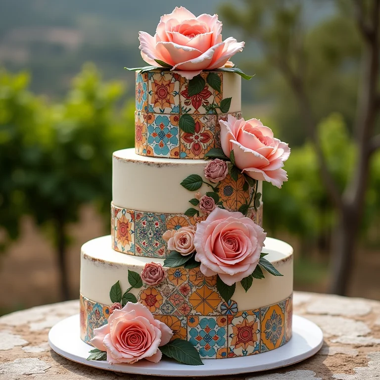 Bolo de casamento decorado com azulejos espanhóis em vinícola.