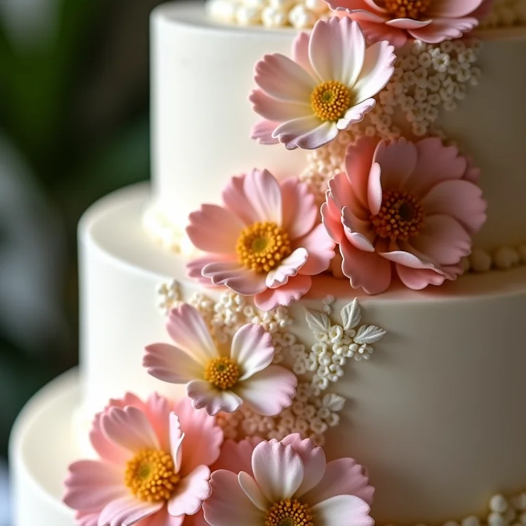 Bolo de casamento decorado com flores e detalhes em açúcar.