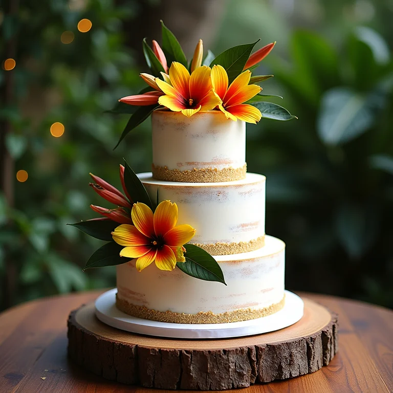 Bolo de casamento decorado com flores tropicais em Brumadinho.