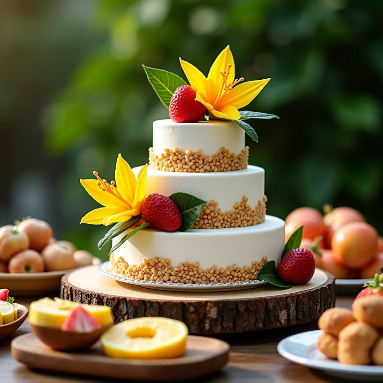 Bolo de casamento decorado com frutas tropicais e flores, cercado por doces finos.