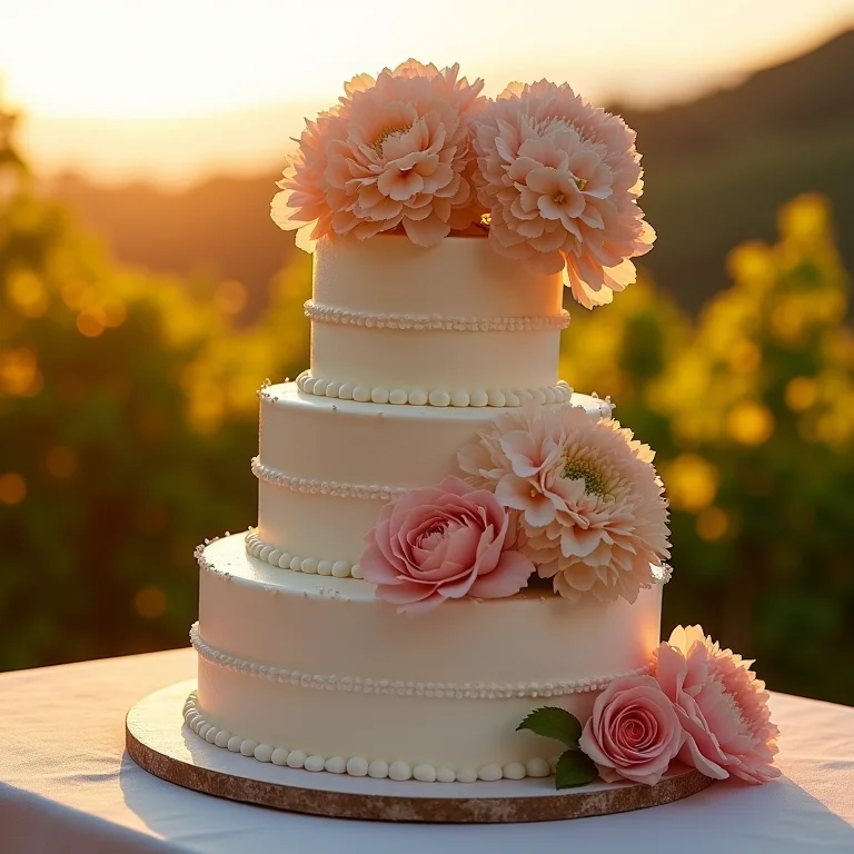 Bolo de casamento decorado com hortênsias e rosas em vinícola brasileira.