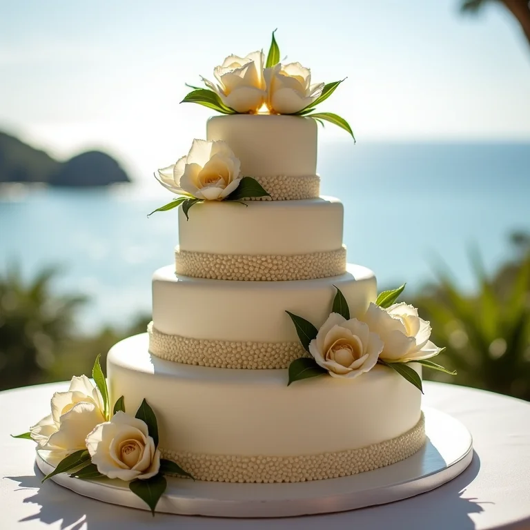 Bolo de casamento decorado com vista para o mar em Ponta dos Ganchos, SC