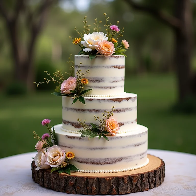 Bolo de casamento rústico decorado com flores silvestres em Mogi Mirim.