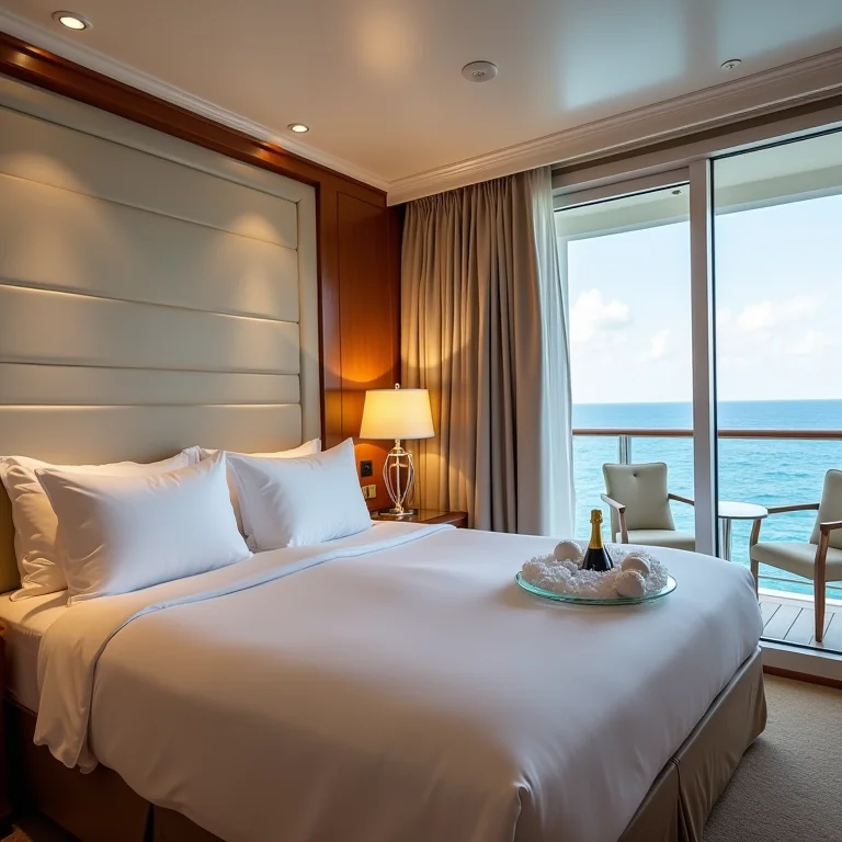 Cabine luxuosa de cruzeiro com champanhe e varanda com vista para o mar.