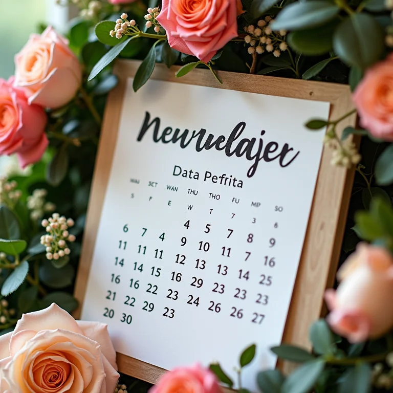 Calendário marcando a data do casamento cercado por flores
