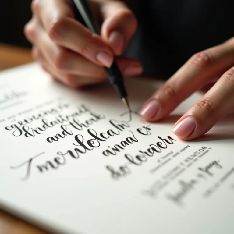 Calígrafo escrevendo convites de casamento com caligrafia elegante.