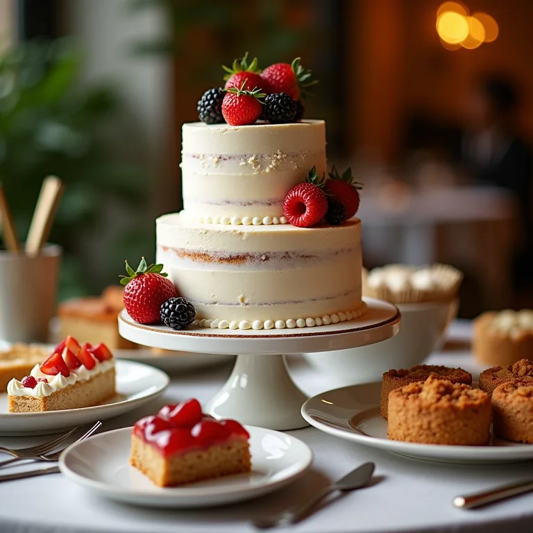 Cardápio de doces e bolo de casamento em bistrô.