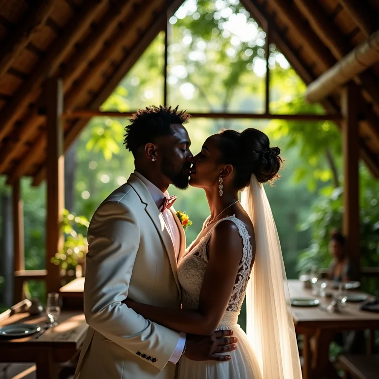 Casal afro-brasileiro se beijando em um refúgio aconchegante em Paraísopolis.