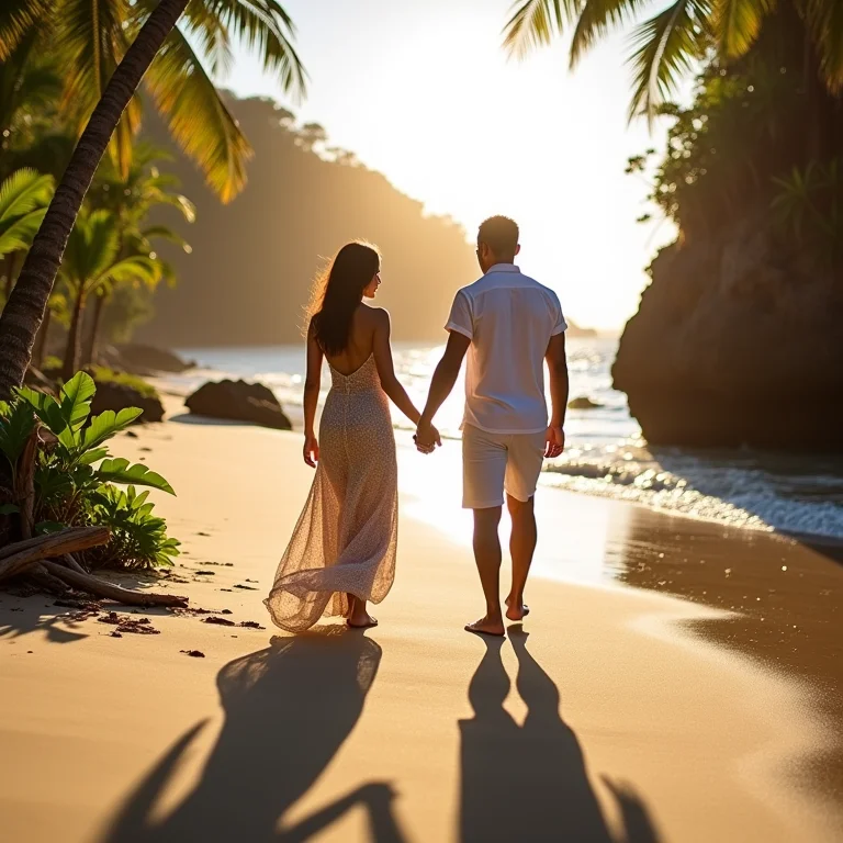 Casal apaixonado em praia deserta de Ilha Grande