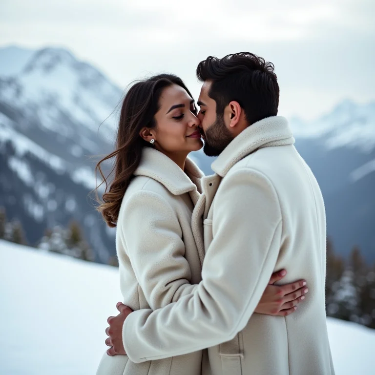 Casal apaixonado se abraçando nos Alpes Suíços