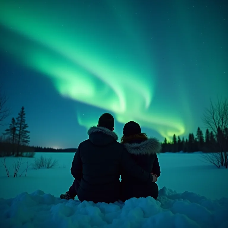 Casal brasileiro admirando a Aurora Boreal na Lapônia