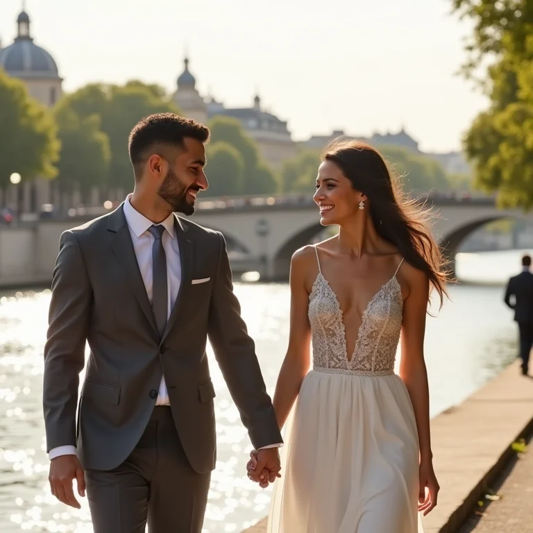 Casal brasileiro diverso caminhando de mãos dadas em Paris
