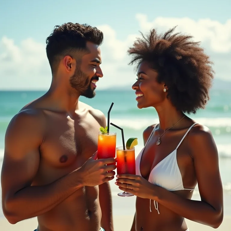 Casal brasileiro relaxando na praia em Puerto Viejo durante a lua de mel