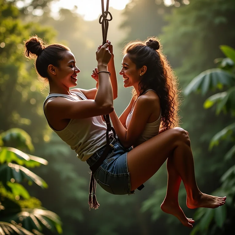 Casal brasileiro se aventurando na tirolesa em Arenal durante a lua de mel
