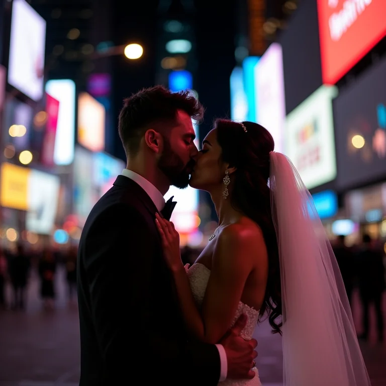 Casal brasileiro se beijando na Times Square em Nova York